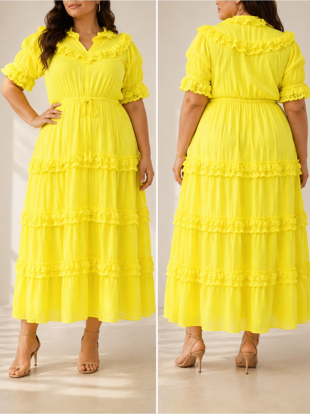 Celia B Yellow Sunbeam Ruffle Satin Tiered Boho Cottagecore Midi Dress